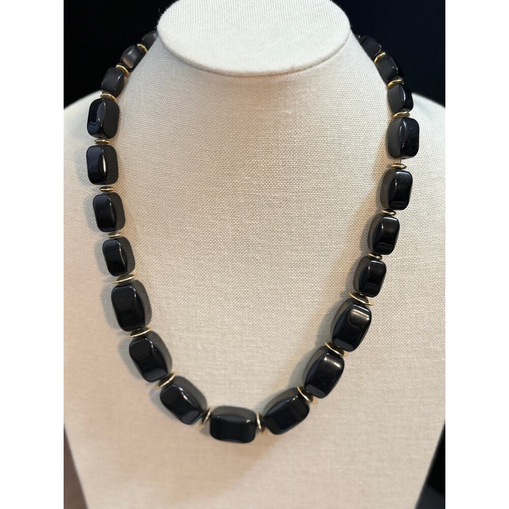 Vintage Napier Black Bead Necklace Gold Tone Graduated 22”